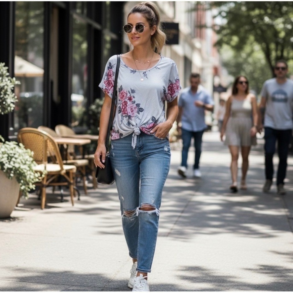 Say Anything Gray Floral Tie Front Knot Hem Short Sleeve Scoop Neck Top